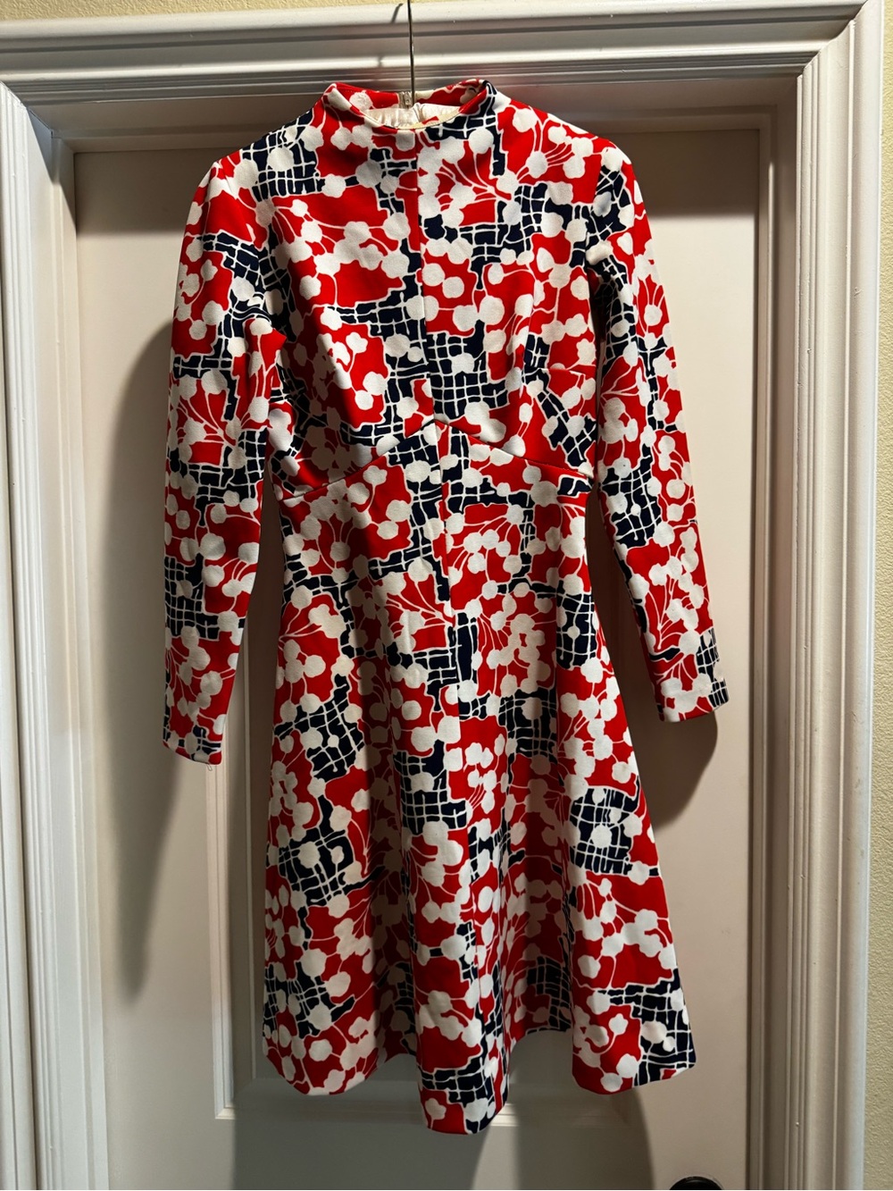 70s Vintage Red, White & Navy Floral-Grid Long Sleeve Dress